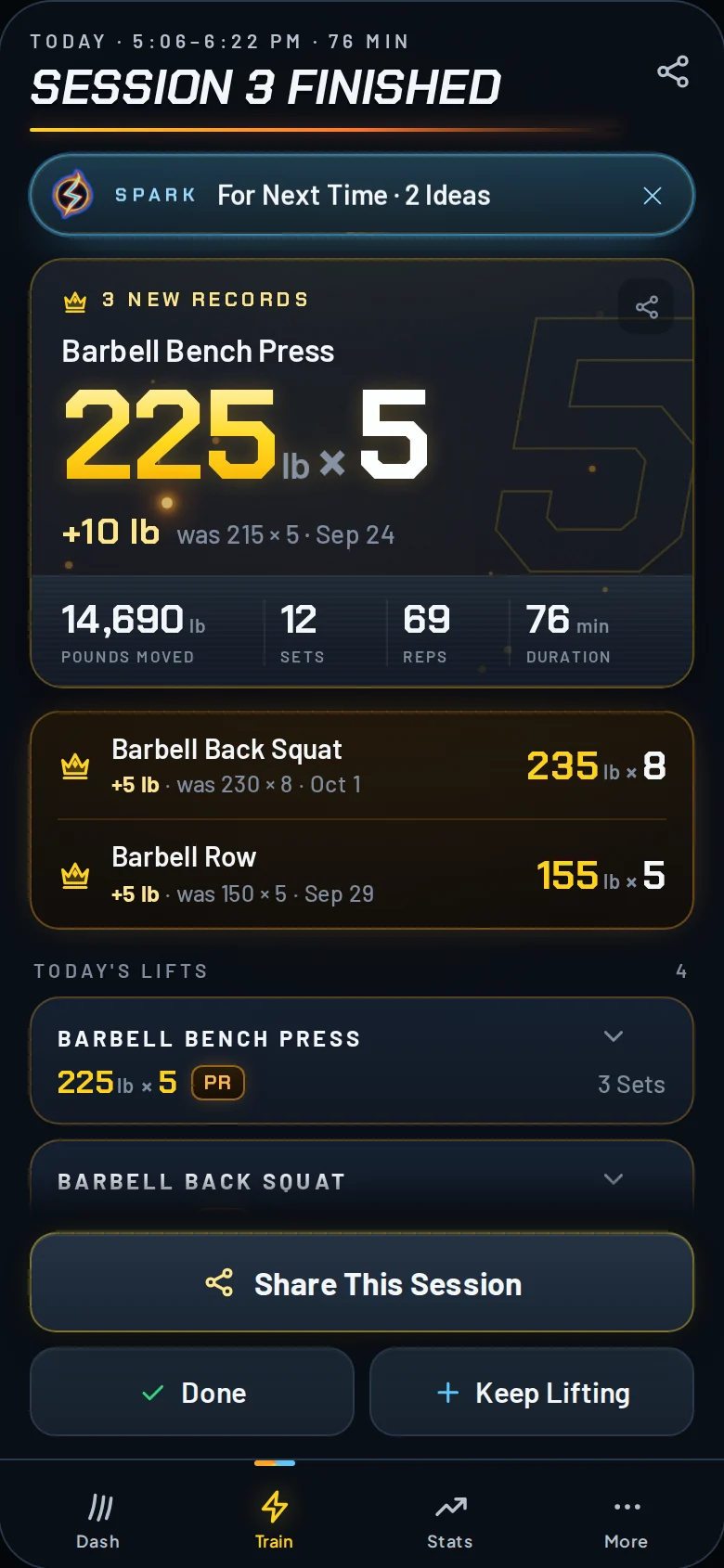 Temper’s session recap: a new 225 lb × 5 bench press record, two more records, and the session totals.