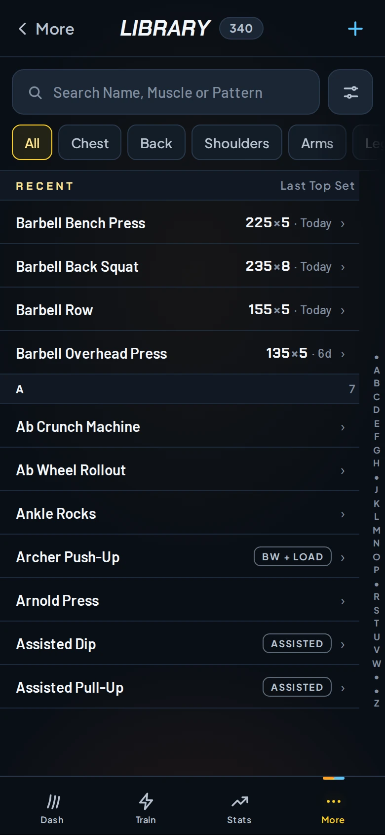 The Library: search, muscle chips and your recent lifts with their last top set.