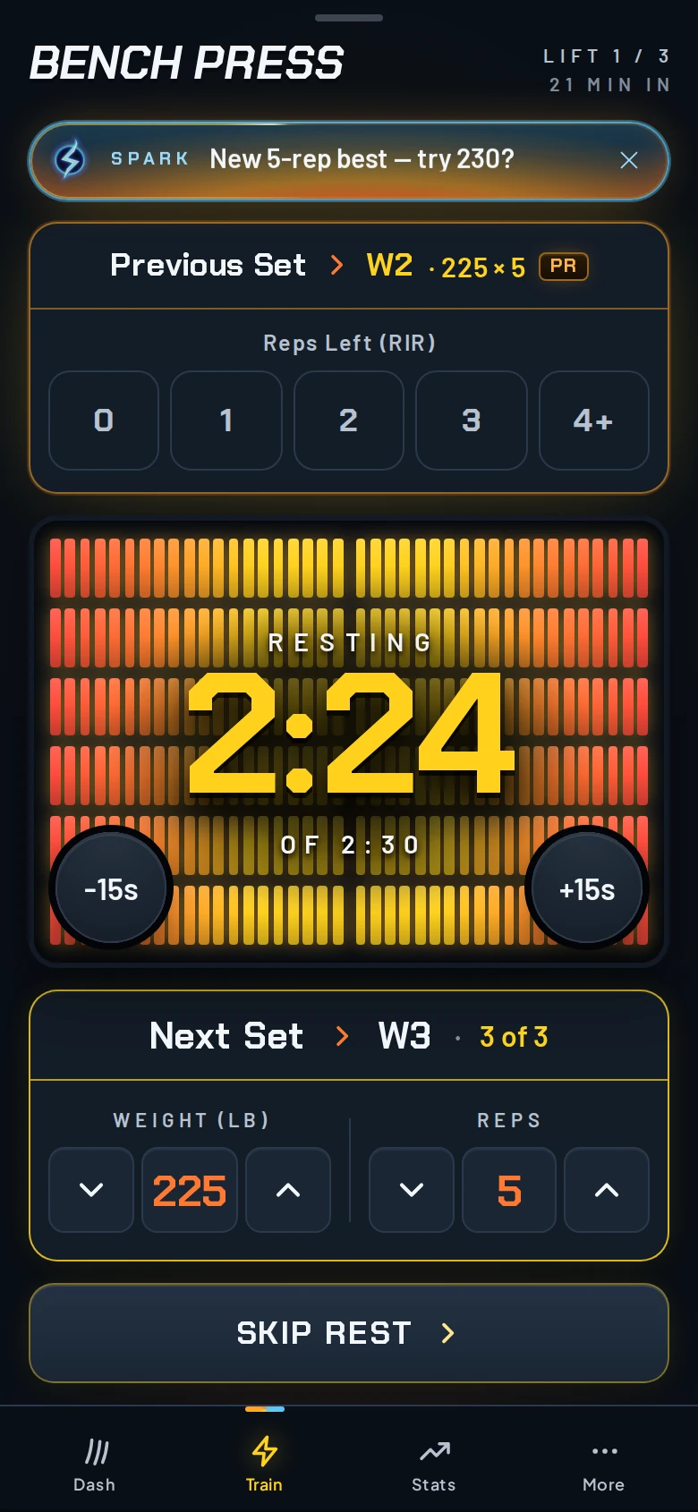 Rest: a new 5-rep best of 225 × 5 under a Furnace timer, with a Spark suggestion to try 230 next.